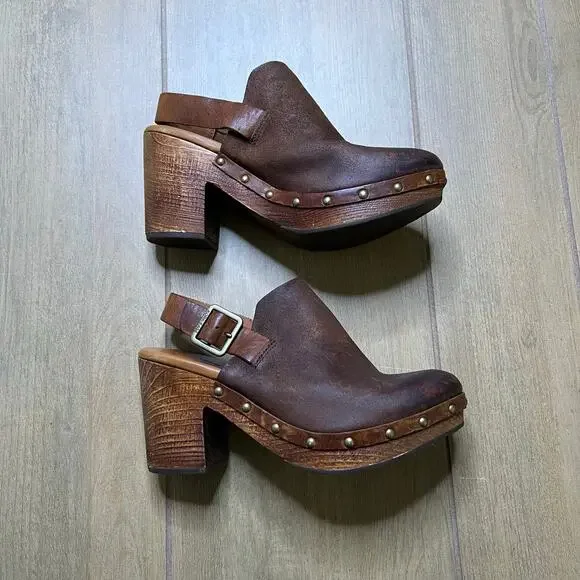 Kork-Ease Leather Platform Clog Heels Womens 9M Brown Slingback Wood Studded - Picture 11 of 16